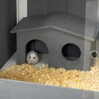 Gabbia per criceti, 3000 cm² Gabbia per criceti nani in legno e metallo, con 2 rifugi, porte scorrevoli in acrilico, stabile, sicura, Grigio Scuro + Bianco