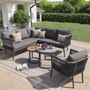Set lounge da giardino modulare 6 pezzi con 2 tavolini in metallo e olefin grigio