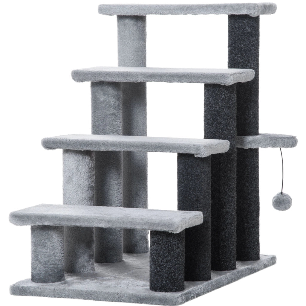 Scala tiragraffi per gatti grigia con piattaforma e pallina