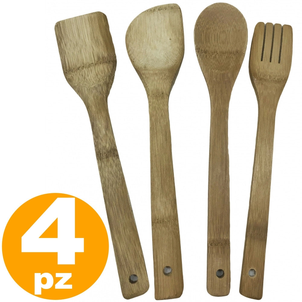 Trade Shop - Set 4 Utensili Da Cucina In Bamboo Legno Mestolo Forchettone Forchetta Spatola -