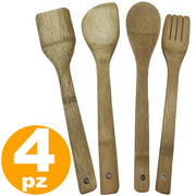 Trade Shop - Set 4 Utensili Da Cucina In Bamboo Legno Mestolo Forchettone Forchetta Spatola -
