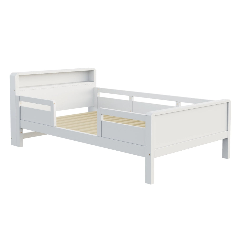 Letto per bambini 90 x 200 cm, con presa di ricarica, luci a LED, sponde di sicurezza in pino, bianco