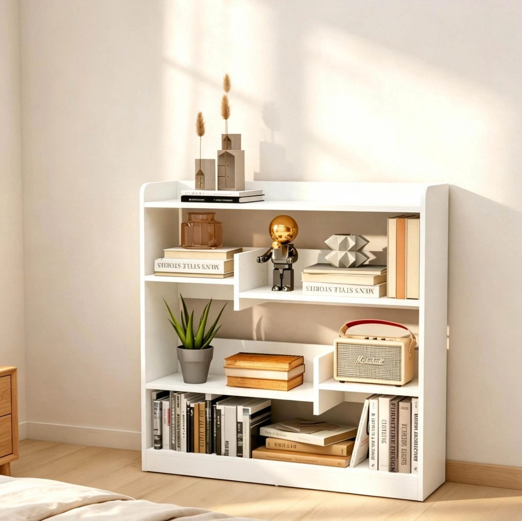 Libreria bianca a 4 livelli con ripiani regolabili, 90 x 24 x 91 cm