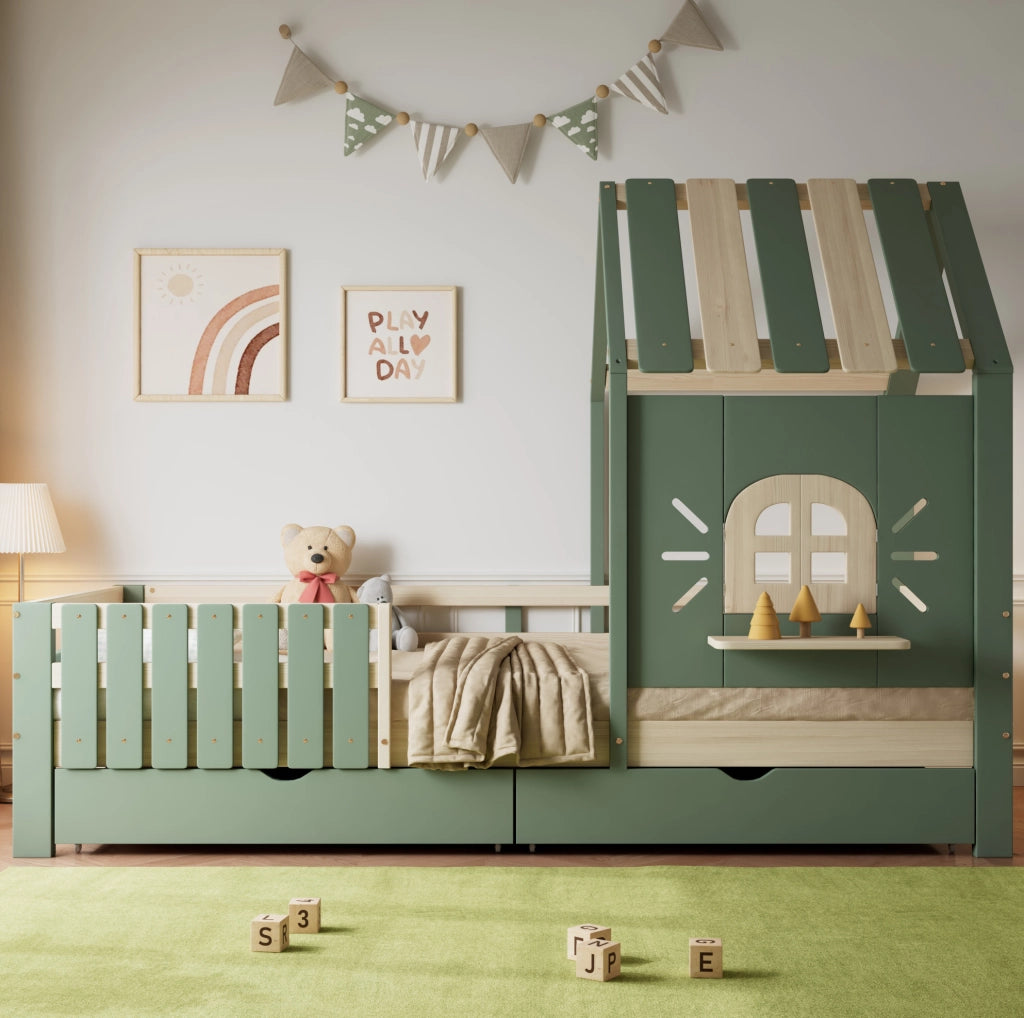 Letto per bambini a casetta con 2 cassetti e recinto 90x200 cm verde e naturale