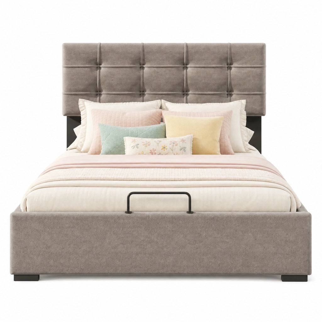 Letto imbottito 90x200 cm con contenitore; testiera regolabile; velluto grigio chiaro