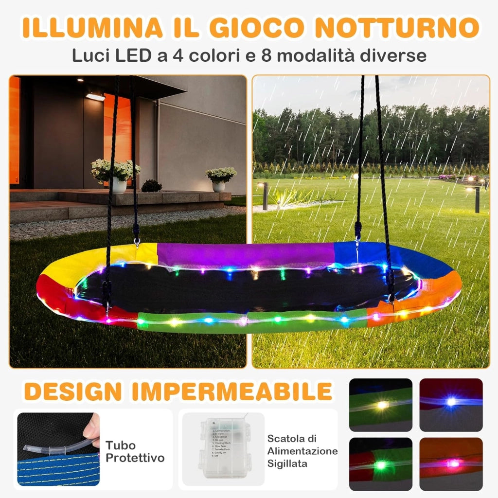 Altalena da Giardino per Bambini 150 cm, con Luci LED, Altalena da Albero con Struttura in Acciaio Antiruggine, Corde Regolabili, Portata 150 kg, per Bambini 3+ Anni
