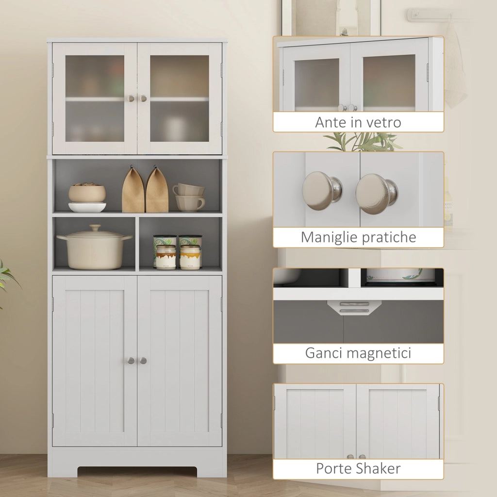 Credenza Bianca con 2 Ante a Vetro e 3 Vani Aperti, Ripiani Regolabili ¨C Zephmum ¨C 60x30x145.5 cm
