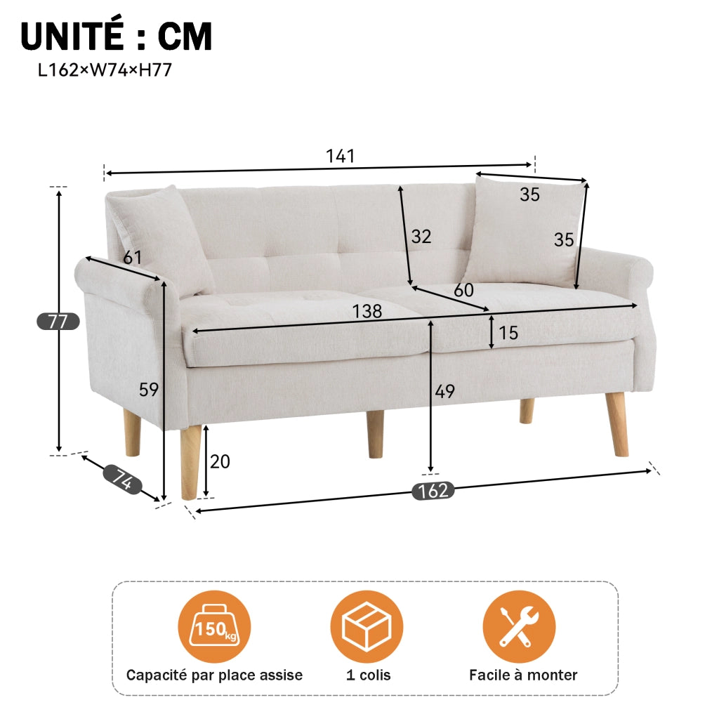 Divano 2 Posti con Cuscini Spessi e Braccioli Ergonomici in Ciniglia Beige 162 × 74 × 77 cm