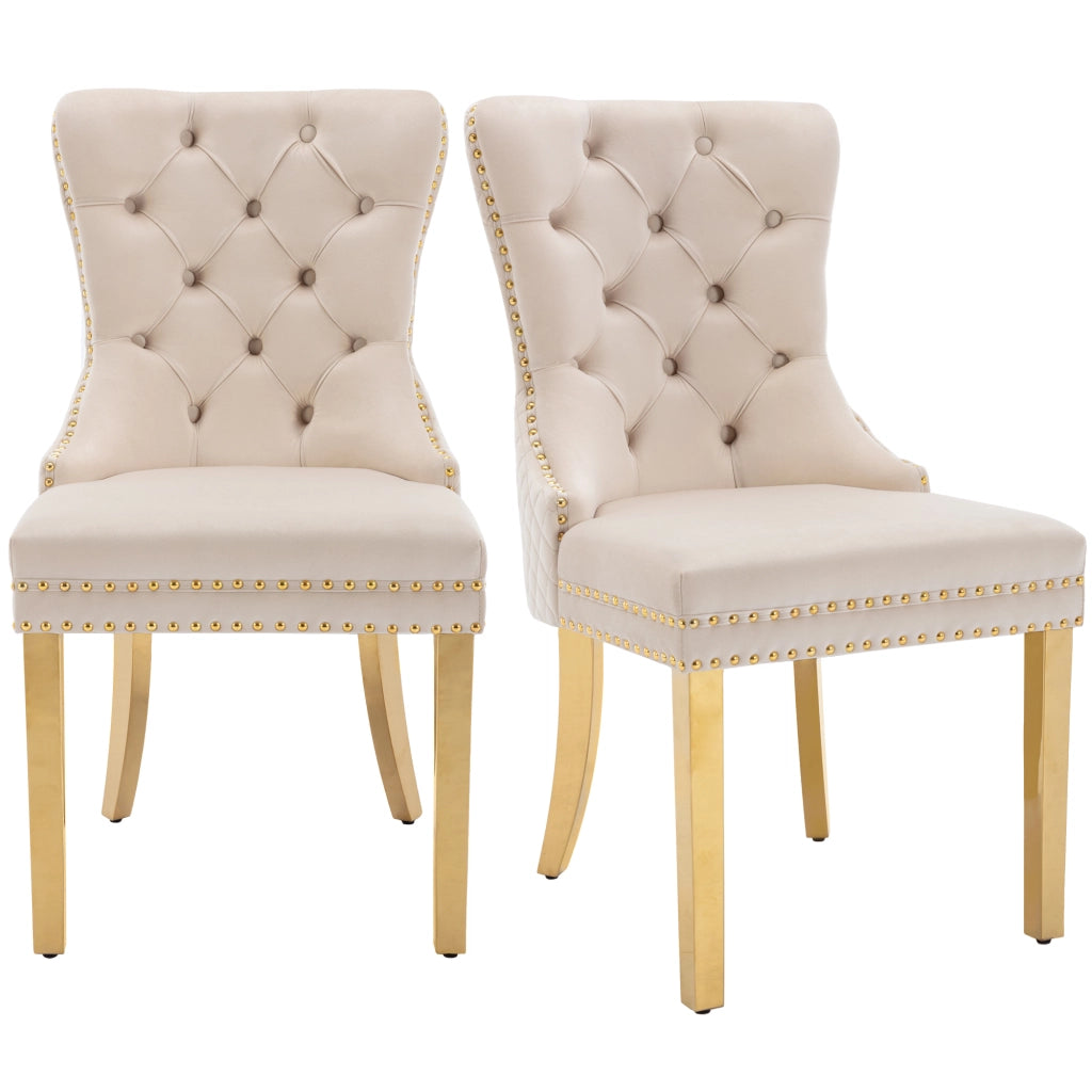 OKWISH Set di 2 Sedie da Pranzo con Anello Sullo Schienale e Borchie Decorative, Piedini Regolabili, Velluto Beige