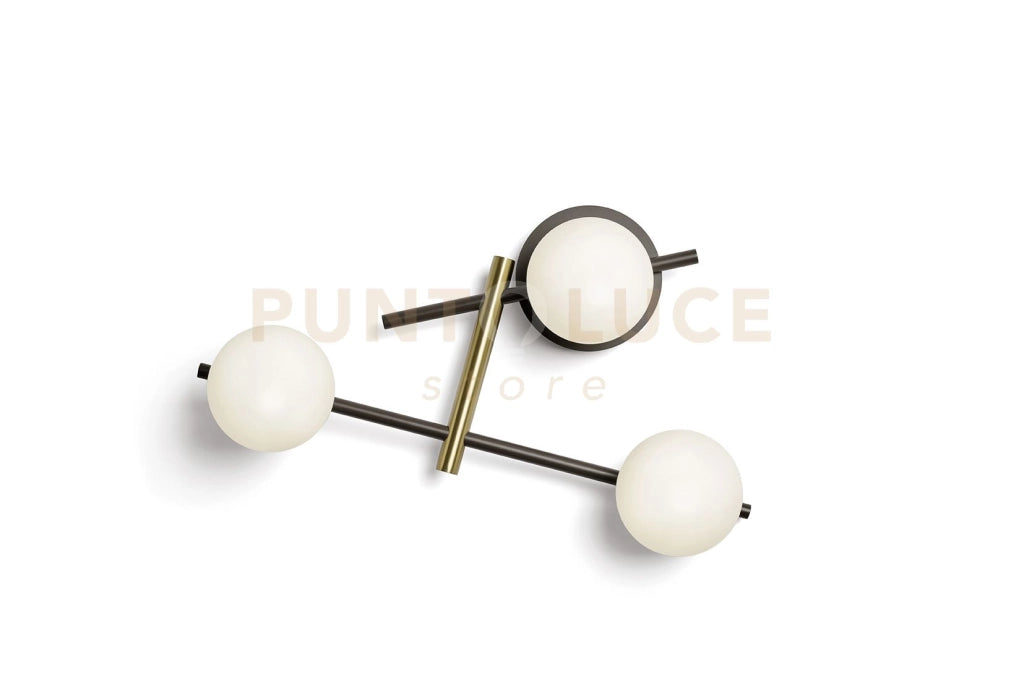 KIKA APPLIQUE PARETE 3 LUCI IN METALLO NERO E VETRI TONDI BIANCHI PARTICOLARI ORO ATTACCO G9