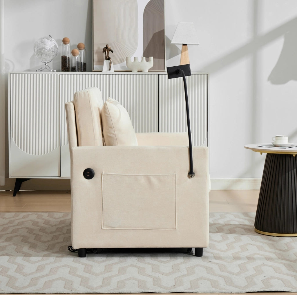Divano multifunzionale moderno in tessuto Lino spazzolato con porta USB e supporto tablet, dimensioni compatte