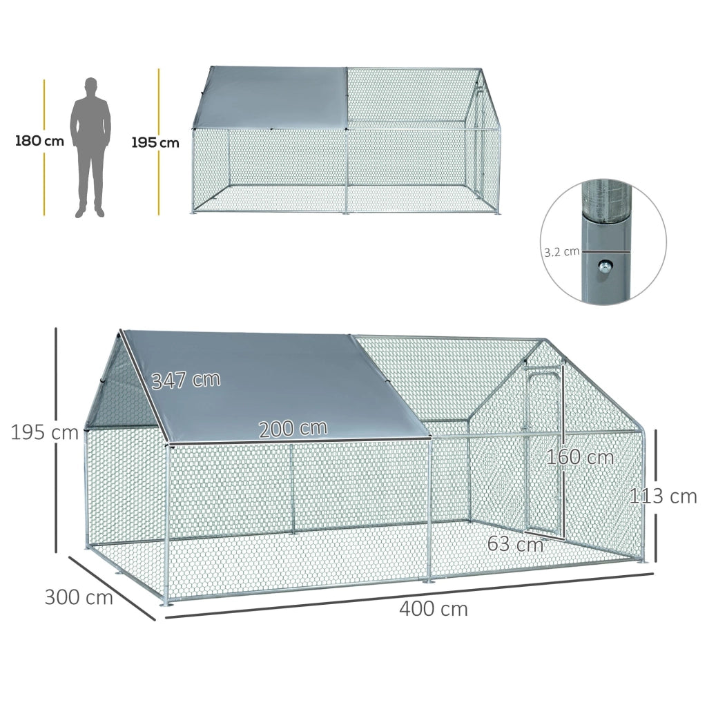 Pollaio Gabbia per Galline 300x400x195 cm in Metallo con Copertura in Tessuto Oxford Argento