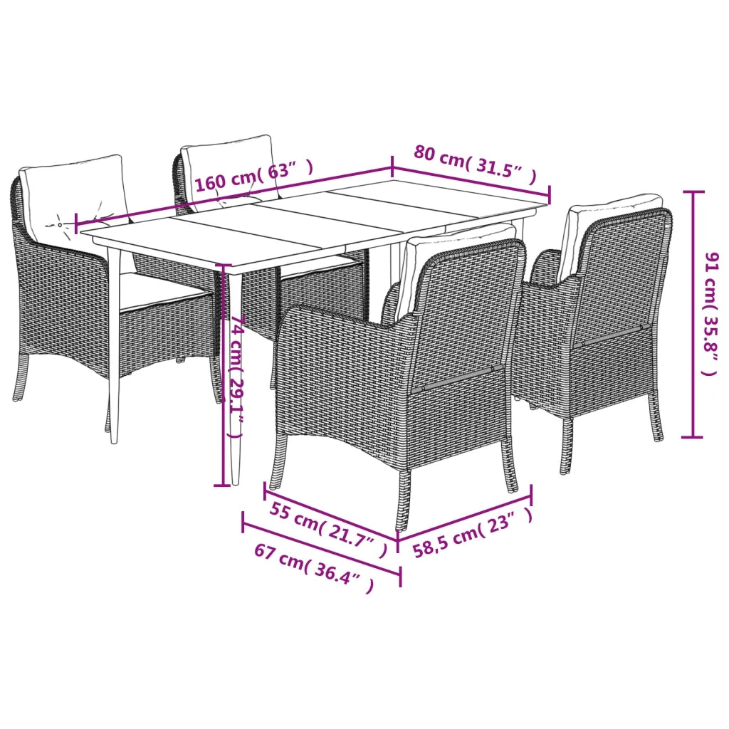 Set da Pranzo da Giardino 5 pz Nero con Cuscini in Polyrattan 3211909