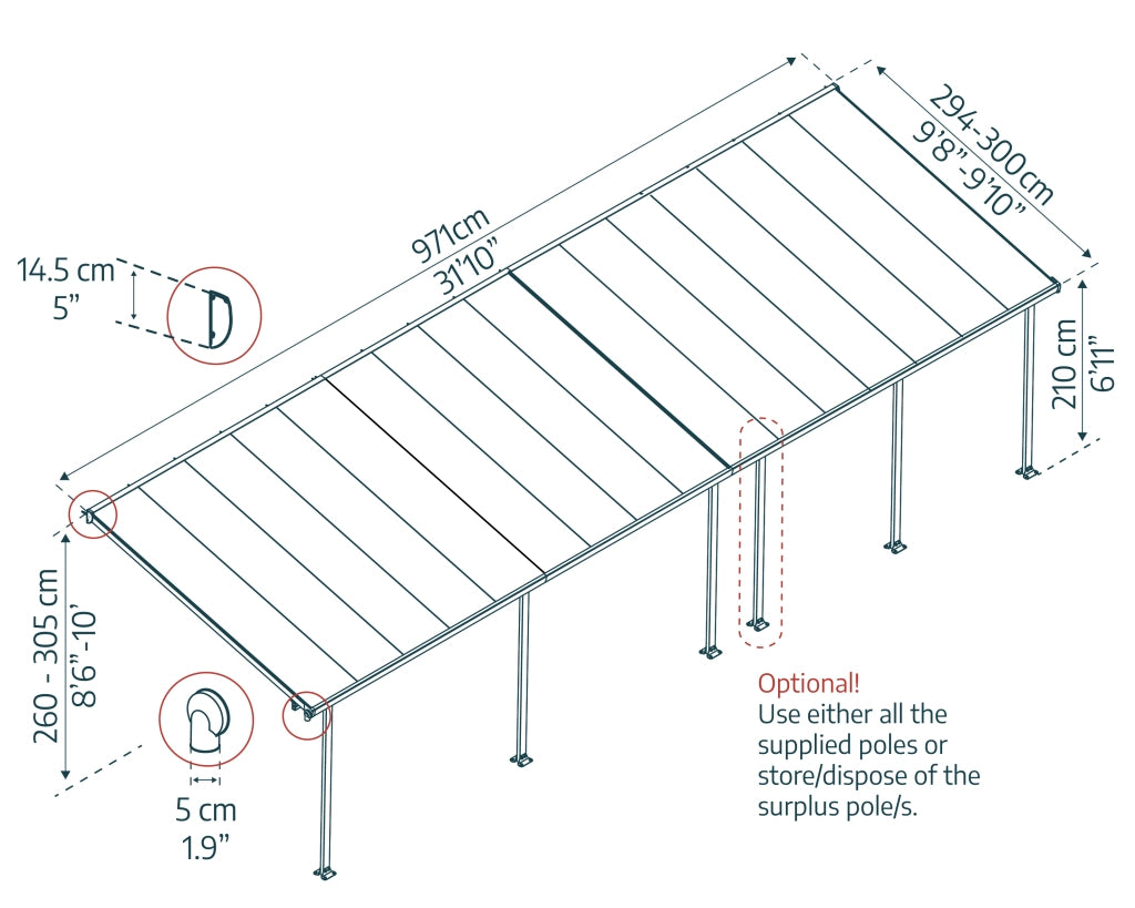 Pergola Addossata in Alluminio Feria 3X9.7 m colore Grigio