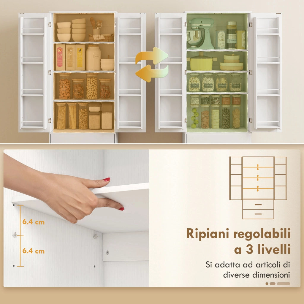 Credenza da Cucina 60x40x159 cm con Armadietto con 8 Ripiani Portaspezie e 2 Cassetti Bianco