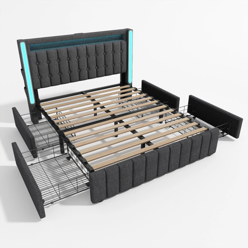 Letto imbottito matrimoniale 160x200 cm con USB Type-C, LED e 4 cassetti, struttura letto con rete in legno, grigio