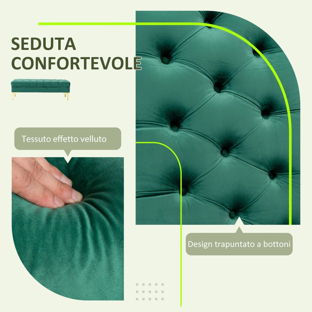 Panca Fondo Letto Imbottita con Rivestimento Trapuntato in Effetto Velluto 118x45x42 cm Verde Scuro