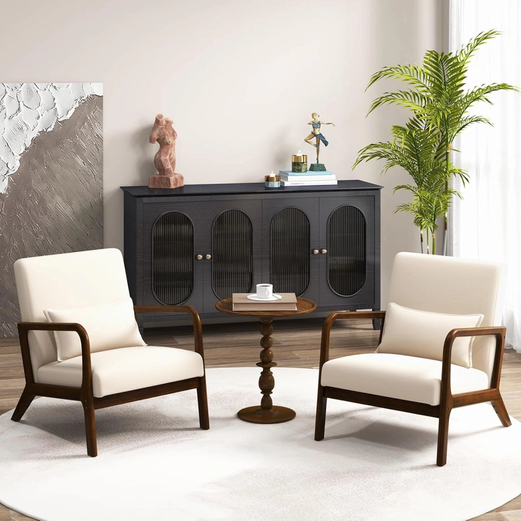 Mid Century Accent Chair, sedia interna per il tempo libero con seduta e schienale imbottiti, poltrona imbottita in legno con cuscino lombare, poltrona lounge per camera da letto (beige)
