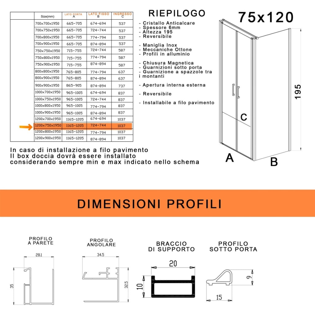 Box doccia due lati con porta saloon h195 6mm anticalcare dobla, misura 75x120