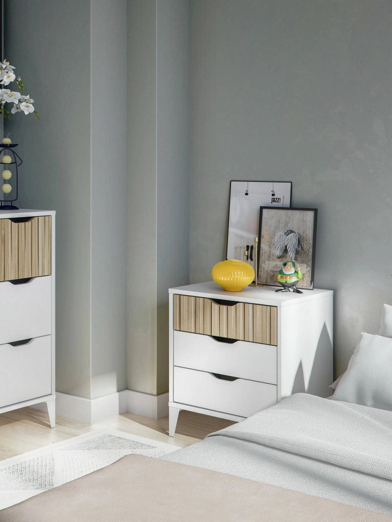 Comodino Jessa, Comò basso, Tavolino da notte, Mensola da letto, 44x33 h50 cm, Bianco e Rovere