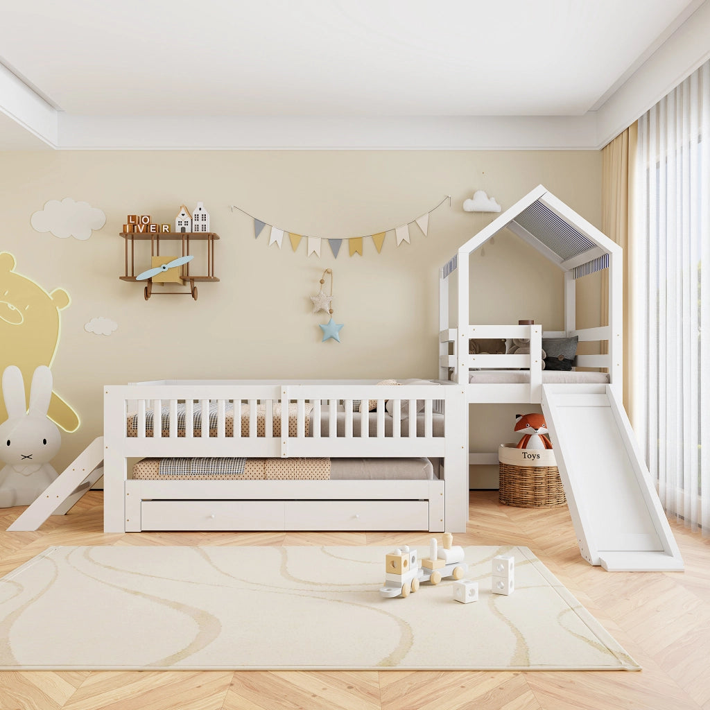Letto per bambini a casetta 90 × 200 cm con letto estraibile, scivolo, scala laterale e cassetti, senza materasso, bianco