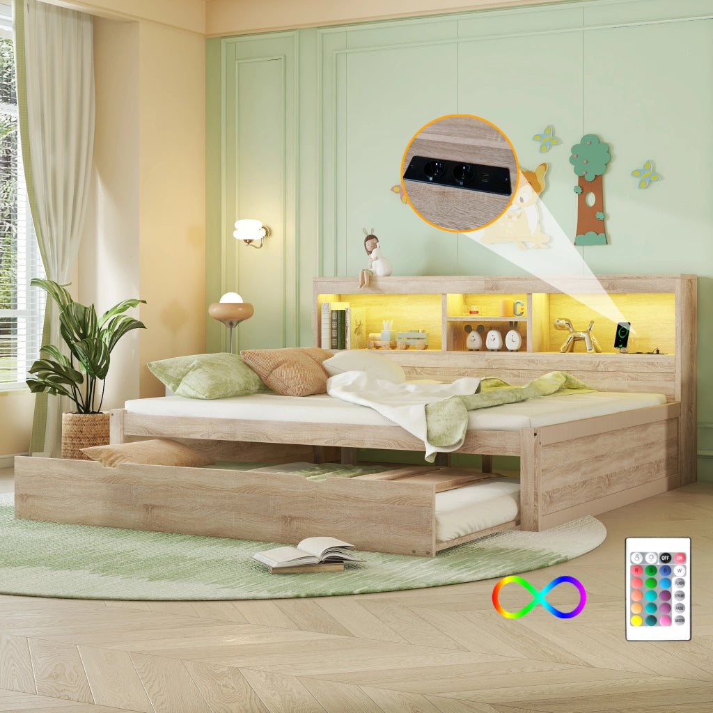 OKWISH Letto a Scomparsa 140×200 cm, Letto Matrimoniale con LED, Letto Estraibile, Vano laterale e USB, senza Materasso, Naturale