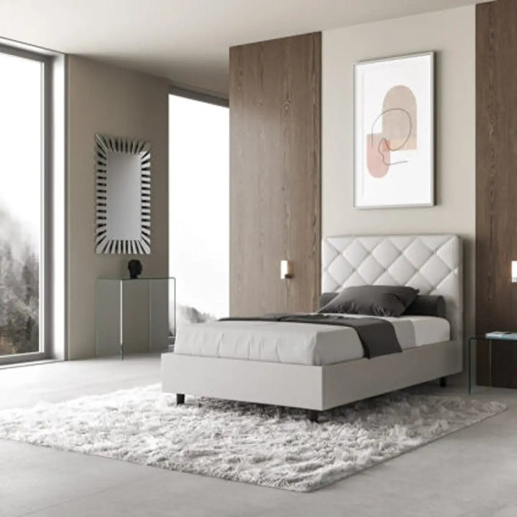 Letto matrimoniale francese con rete imbottito 140x190 similpelle bianco Priya