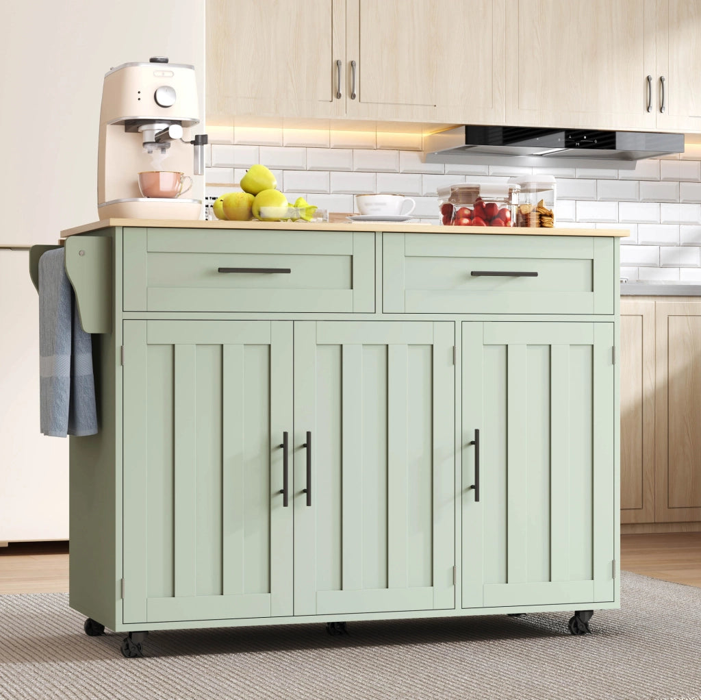 Carrello da cucina multifunzionale con piano pieghevole 129x71x91;5 cm in MDF verde antico