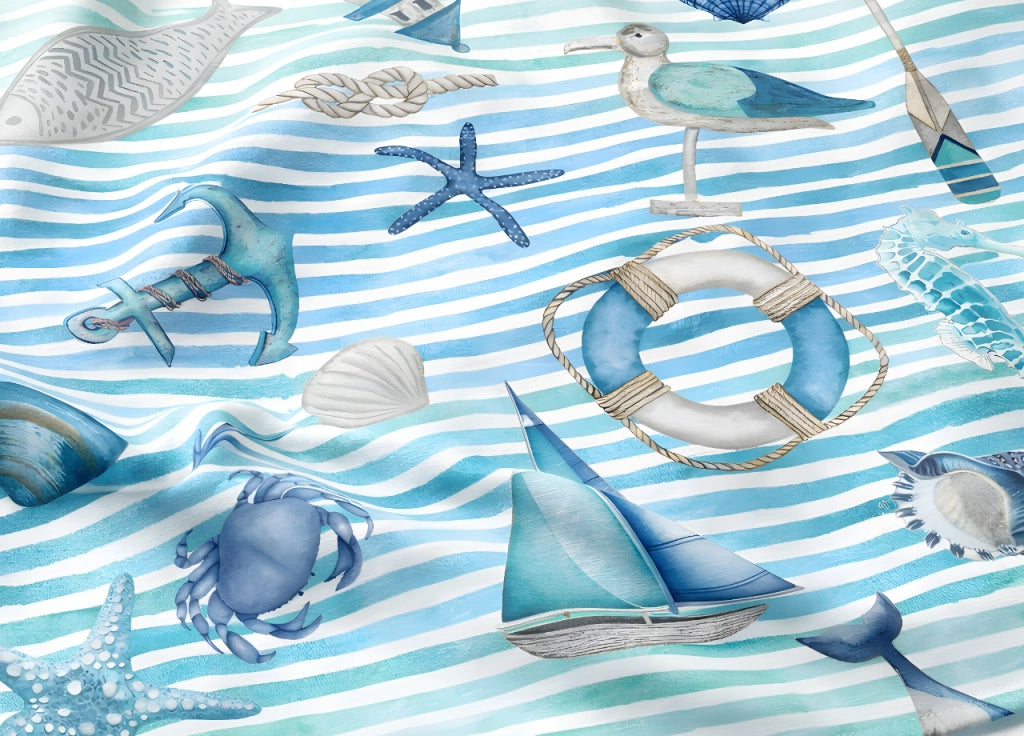 Completo Lenzuola Letto In 100% Cotone Made Italy Disegno Mare - Maxi - Azzurro