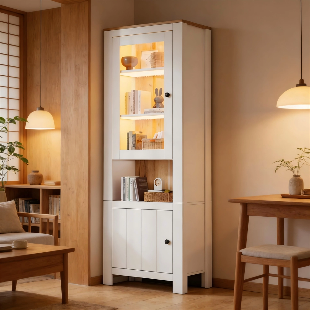 Vetrina Alta con Ante e Ripiani ¨C Xylo ¨C Bianco e Legno, LED, 70x40x188 cm