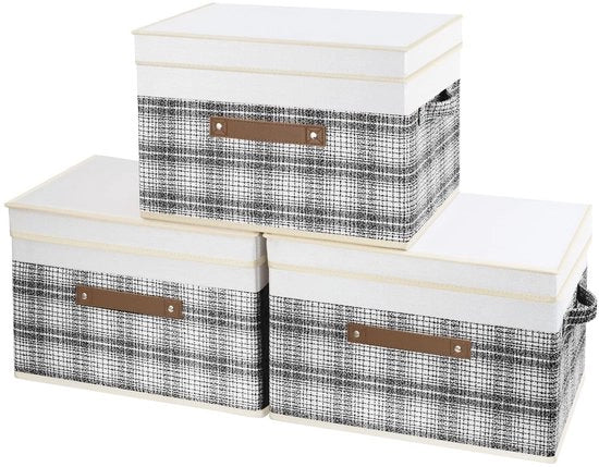Scatola di archiviazione pieghevole con coperchio - Set di 3 - 38x25x25 cm - Tessuto patchwork - Materiale in poliestere di alta qualità - Durevole e facile da pulire