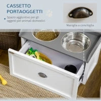Ciotole per Cani Rialzate in Acciaio Inox e Legno con Cassetto, 60x30x36cm, Bianco e Grigio