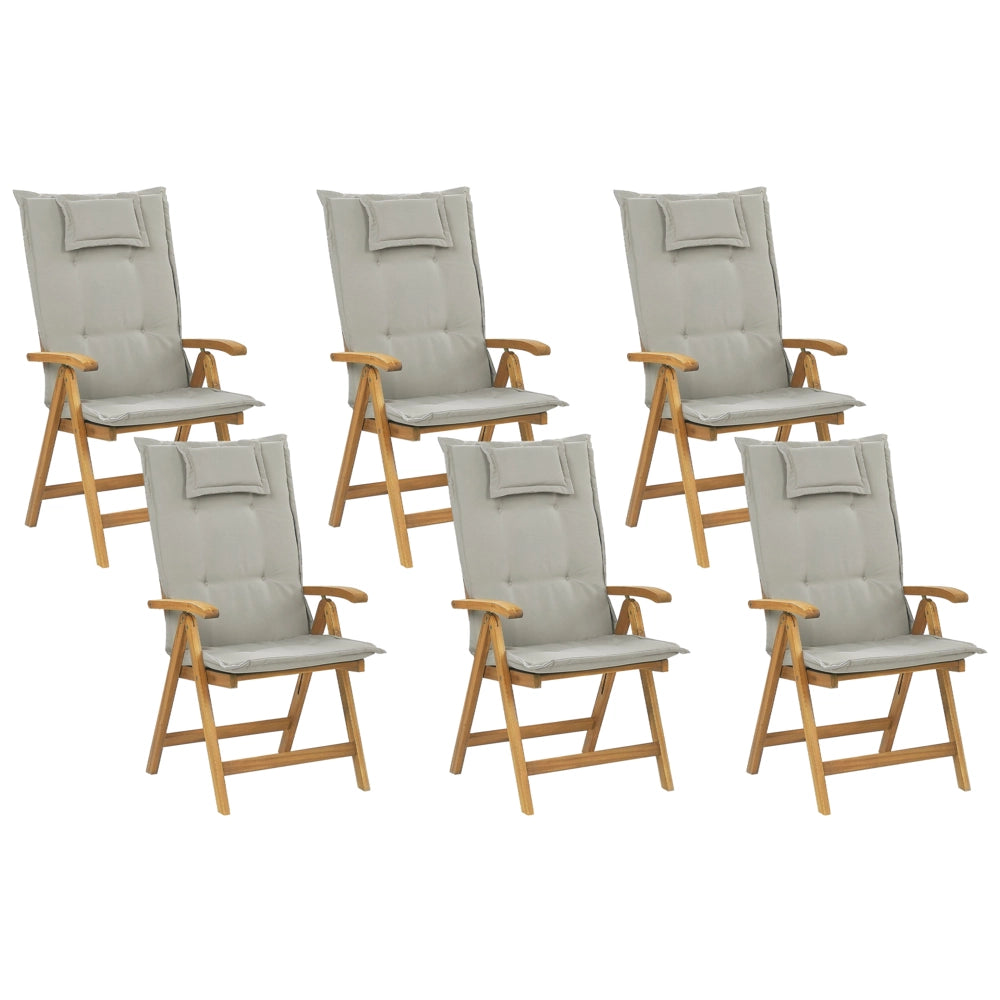 Set di 6 sedie da giardino in legno di acacia chiaro con cuscini color talpa pieghevole in stile rustico resistente ai raggi UV