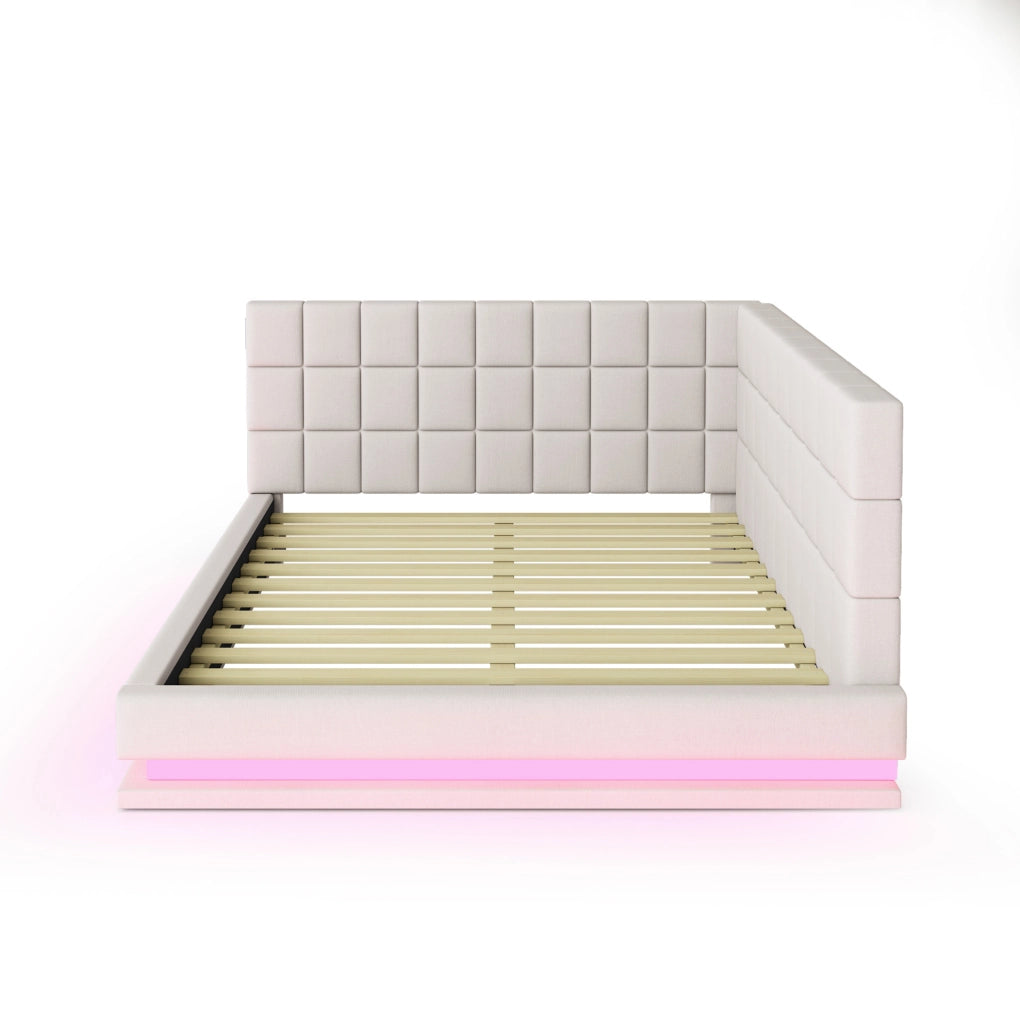 Divano letto 140x200 cm con LED a colori variabili e USB in lino beige