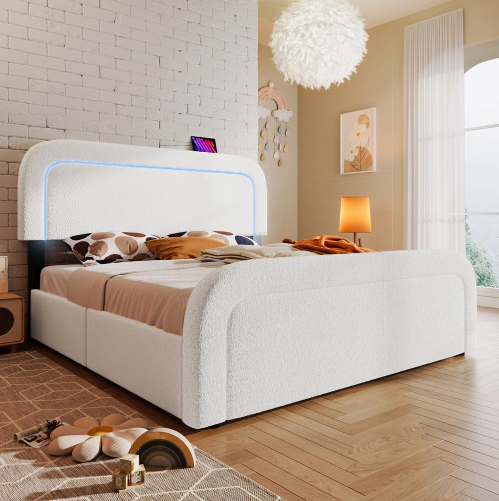 Letto matrimoniale 140x200 cm con LED; USB e USB C; 4 cassetti; tessuto sherpa bianco
