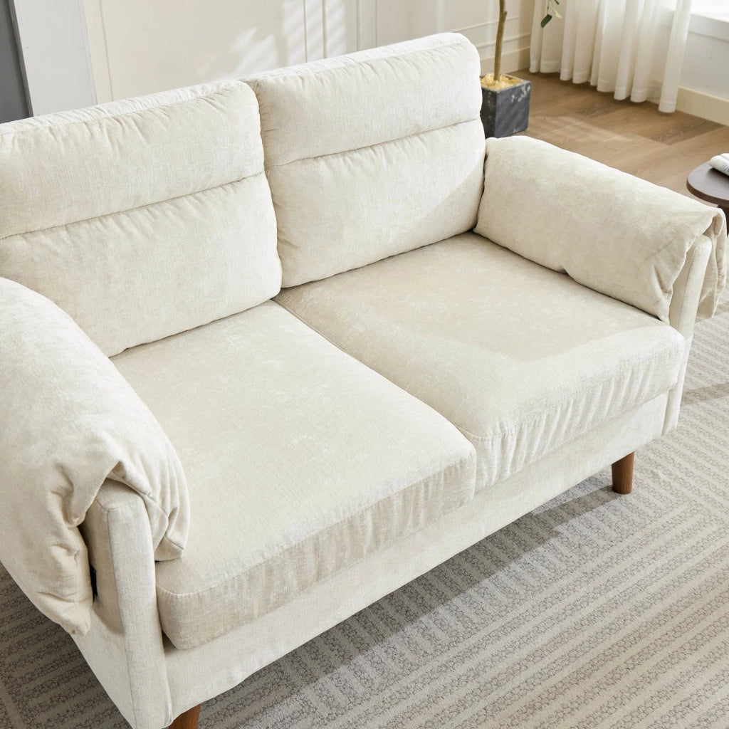 Divano 2 Posti in Tessuto Morbido ¨C MINIMAL ¨C Beige, Cuscini Imbottiti, Gambe in Legno