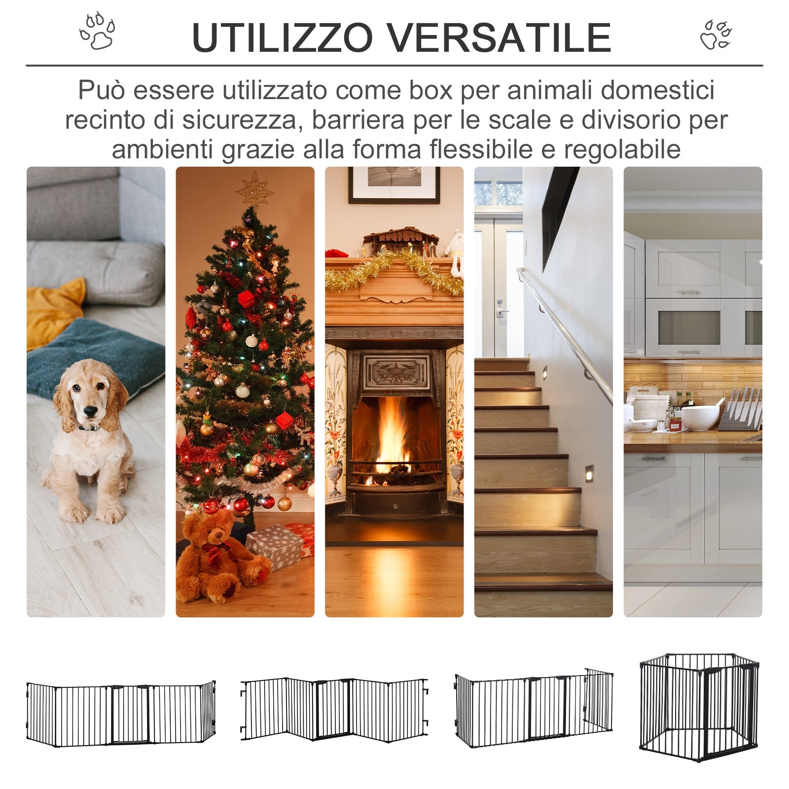 Cancellino per Cani Taglia Piccola e Media Pieghevole a 5 Pannelli 300x3x74,5 cm in Metallo e Plastica Nero