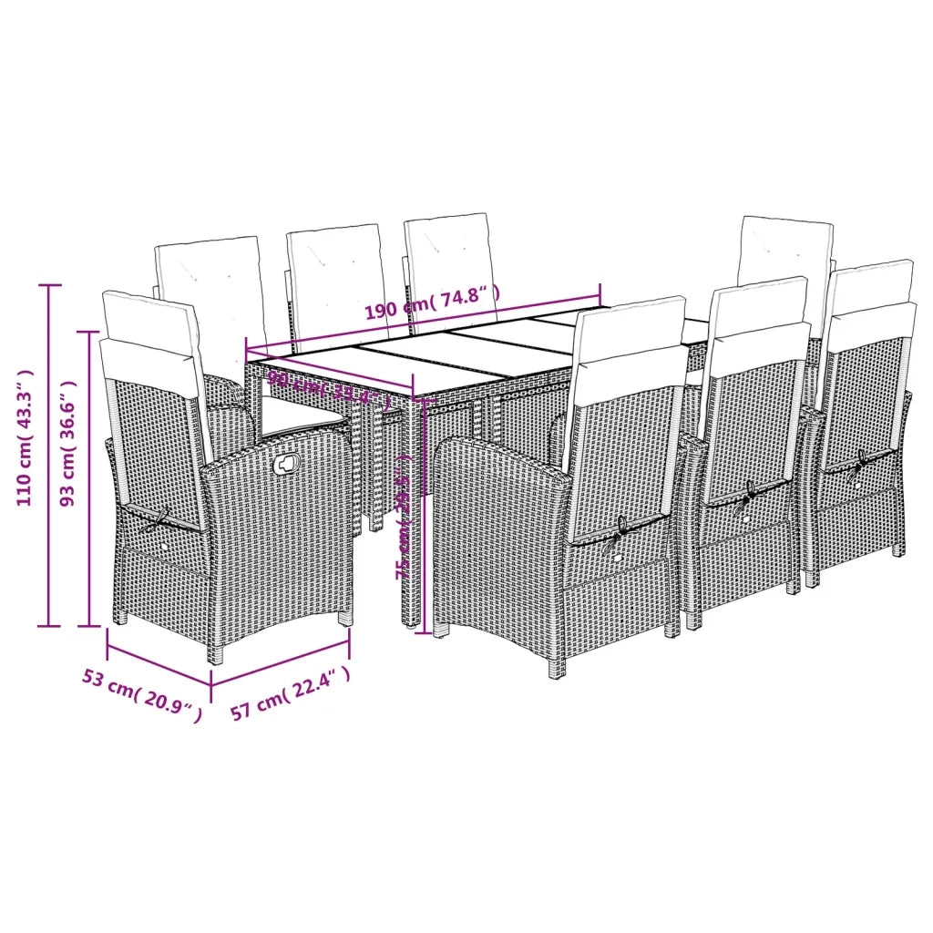 Set da Pranzo da Giardino 9 pz con Cuscini in Polyrattan Grigio