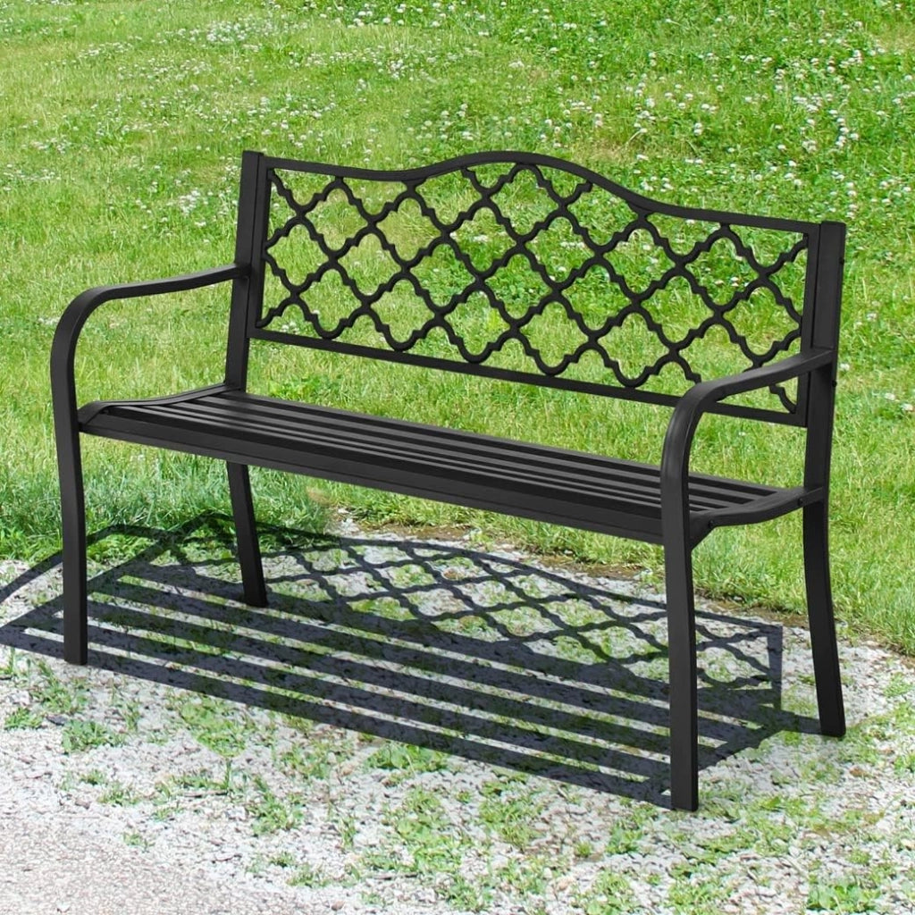 Panchina da Giardino, Panca in Metallo da Terrazzo Esterno con braccioli, Panchina da Esterno per 2 Persone, con Piedini Antiscivolo, Nero