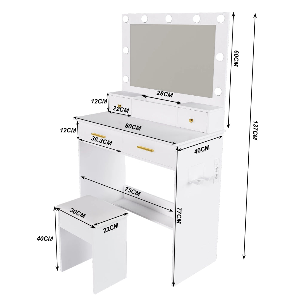 Toeletta con 4 cassetti; specchio LED; presa integrata e porta phon per camera da letto; 80×40×137 cm