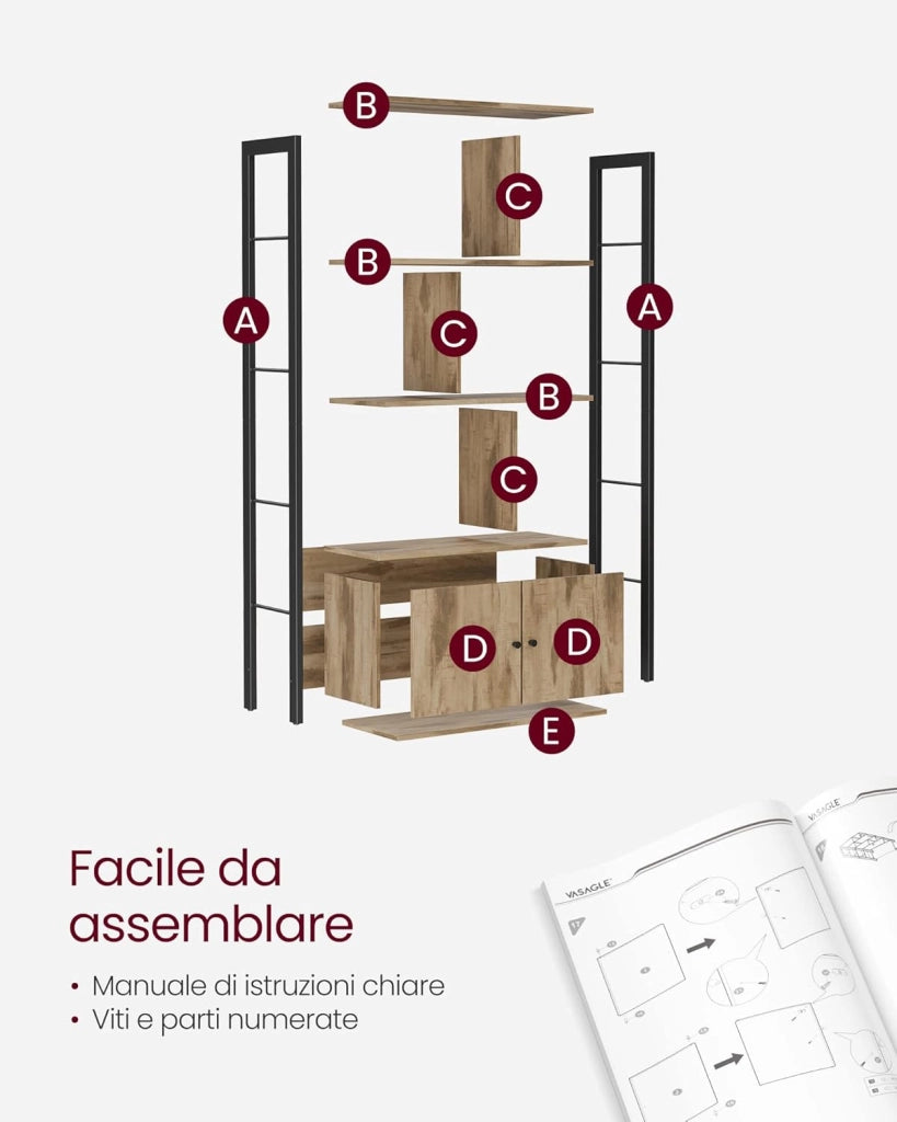VASAGLE LBC022B50 - Libreria grande con ante, 4 ripiani, struttura in acciaio, stile industriale, per soggiorno, ufficio, colore rovere tostato e nero