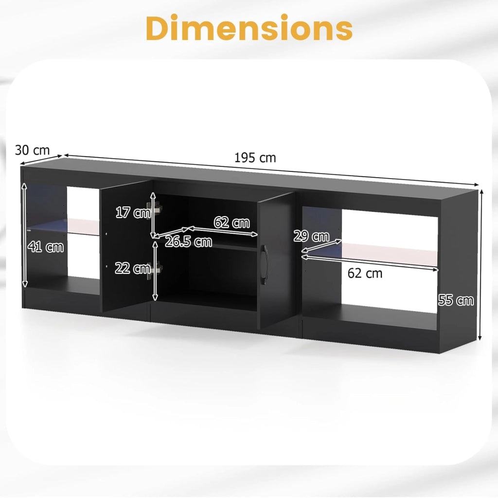 Mobile per TV liberamente combinabile, basso modulare, TV Board con illuminazione a LED, Mobile TV con ripiani aperti, TV per TV fino a 85 pollici, Mobile TV Lowboard 195 x 30 x 55 cm