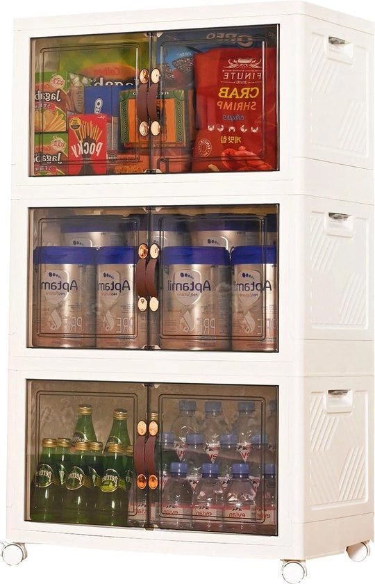 Cassa di archiviazione con coperchio, 189L cassa organizzatrice pieghevole, cassa organizzatrice, scatola di plastica, scatola di plastica con ruote e porte, archiviazione di libri, giocattoli, abbigliamento, scarpe, lenzuola da letto, 3 pezzi, bianca