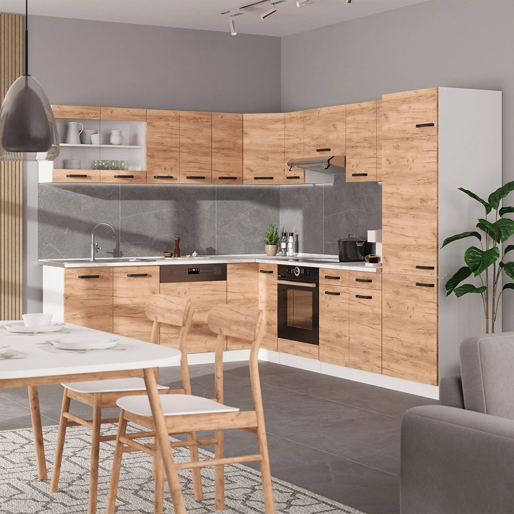 Cucina angolare completa R-Line Rovere dorato/Bianco 287 x 227 cm PL Marmo Vicco