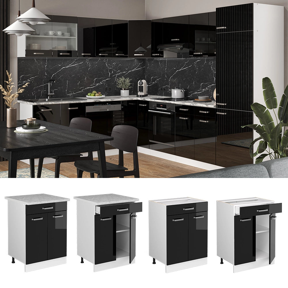 Vicco Mobiletto base per cucina Nero lucido 60 cm con cassetto, PL Rovere