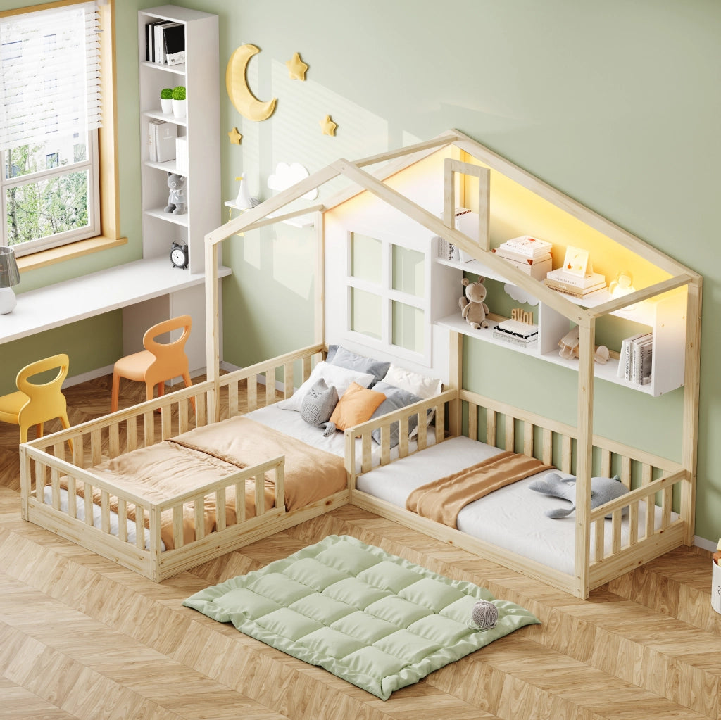 Letto per bambini a casetta 90x200 cm in legno e MDF; con LED; mensole e sponde di sicurezza