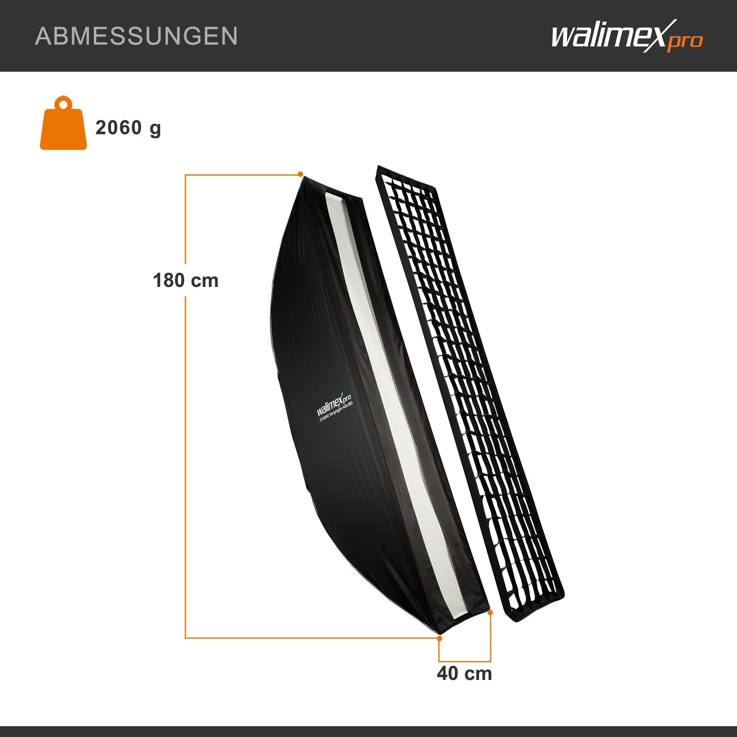 Studio Striplight Softbox 40x180cm + adattatore softbox per Hensel Expert, ruotabile a 360°, facile da montare grazie alla funzione ombrello, include griglia, maschera