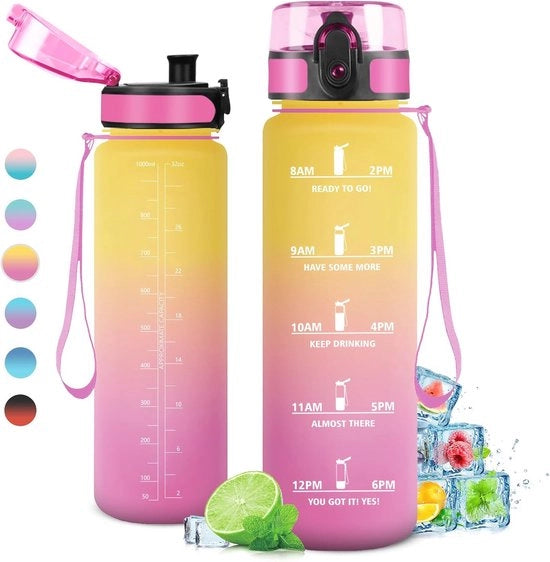 Bicchiere da Sport, 1 litro, bicchiere da sport con manico di canna, flacone da sport senza tappo, bicchiere da sport con cronometro, bicchiere da sport motivante per adulti, bicchiere da sport per bicicletta, bicchiere da viaggio