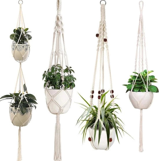 Macramé Pianta in Cotone con 4 Piedi con Tessitura a Maglia