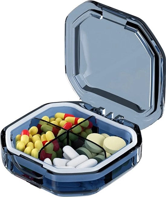 Due piccoli contenitori portatili per medicinali, con divisori per pillole, distributore di pillole, impermeabili, 4 compartimenti (blu)